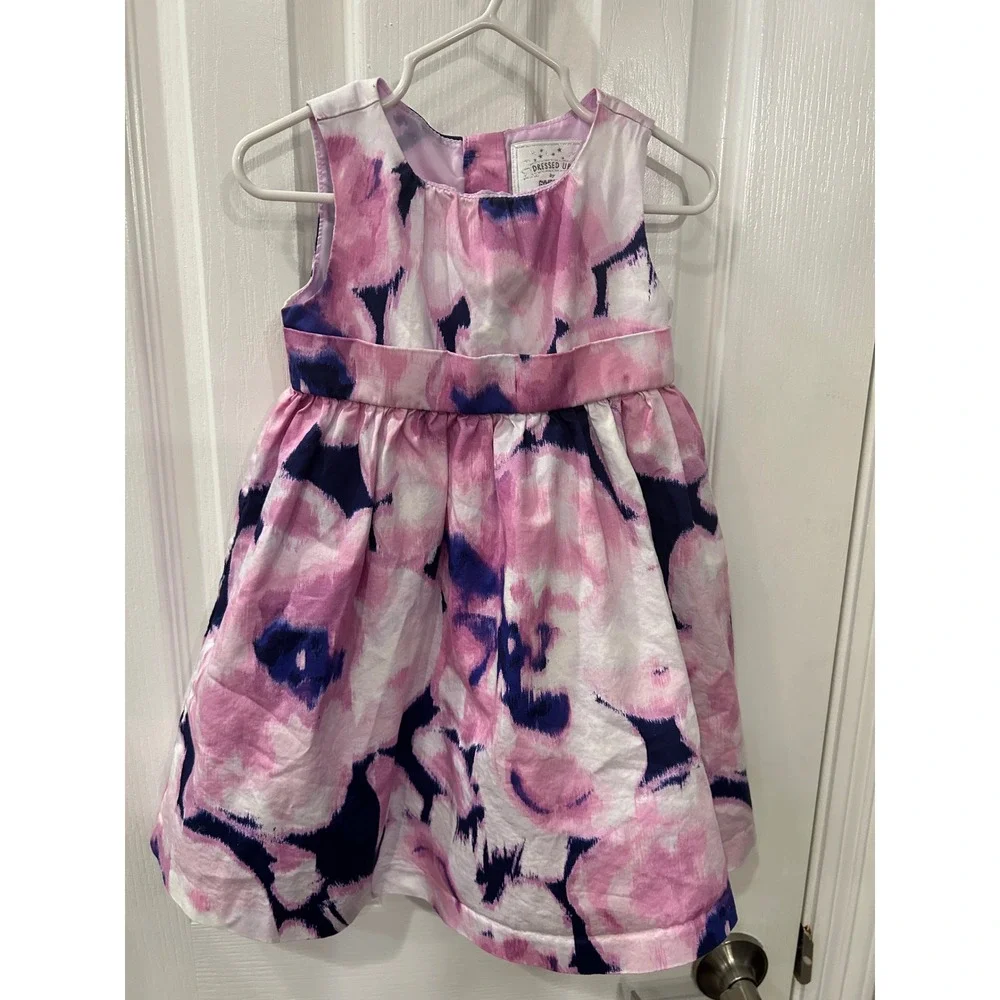 Gymboree Dress Pink Navy Blue Floral Watercolor‎ Bow Back Special Occasion 2T